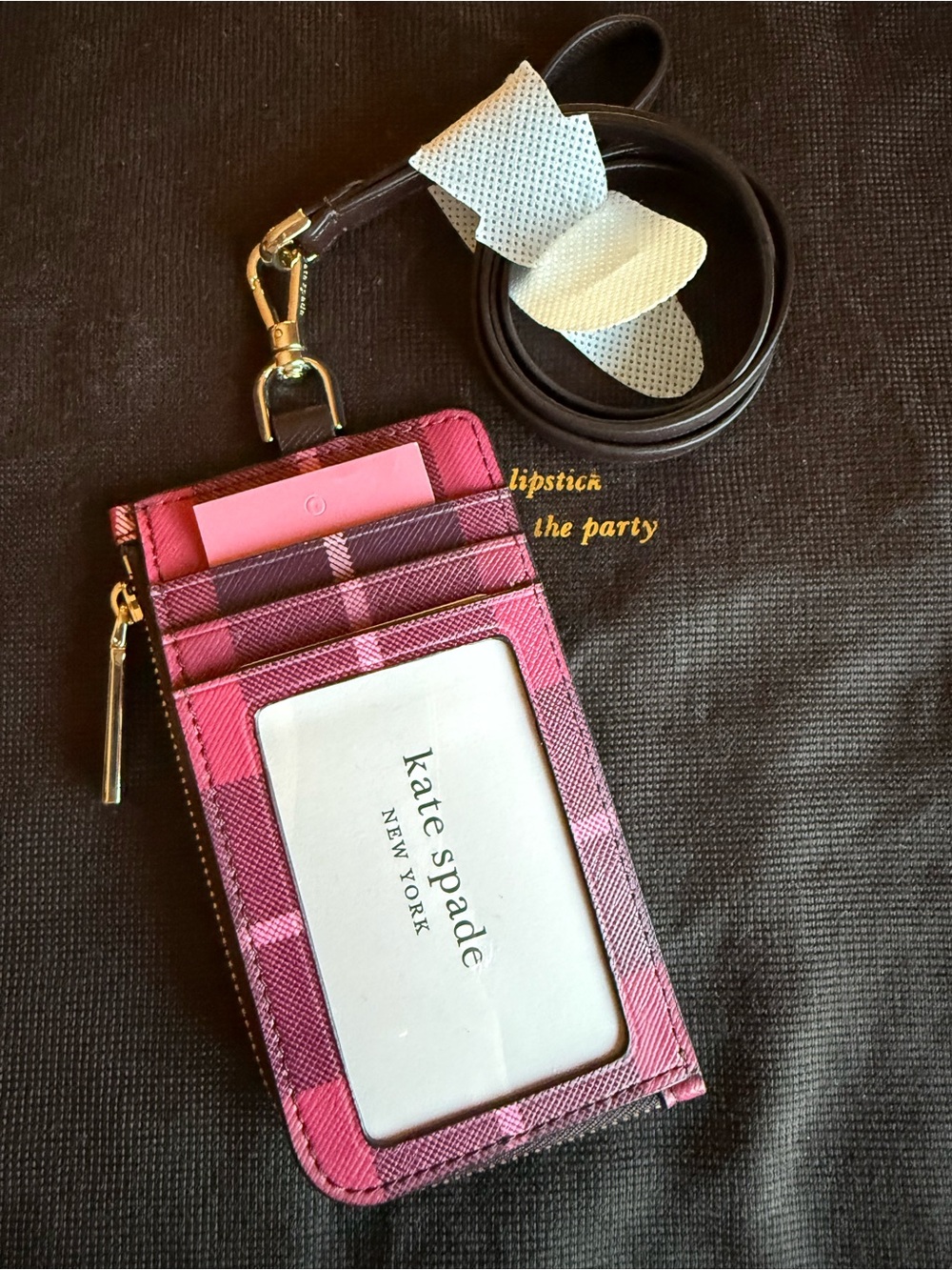 Kate Spade Staci Leather Card Case Lanyard Classic Plaid Pink and Purple NWT
